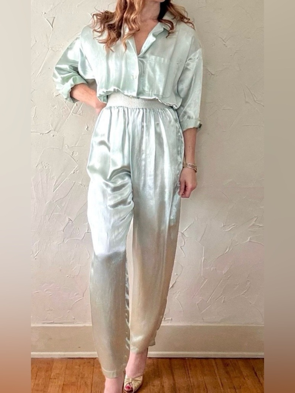 VINTAGE Silky High-Waist Elastic Jumpsuit  in Light Mint